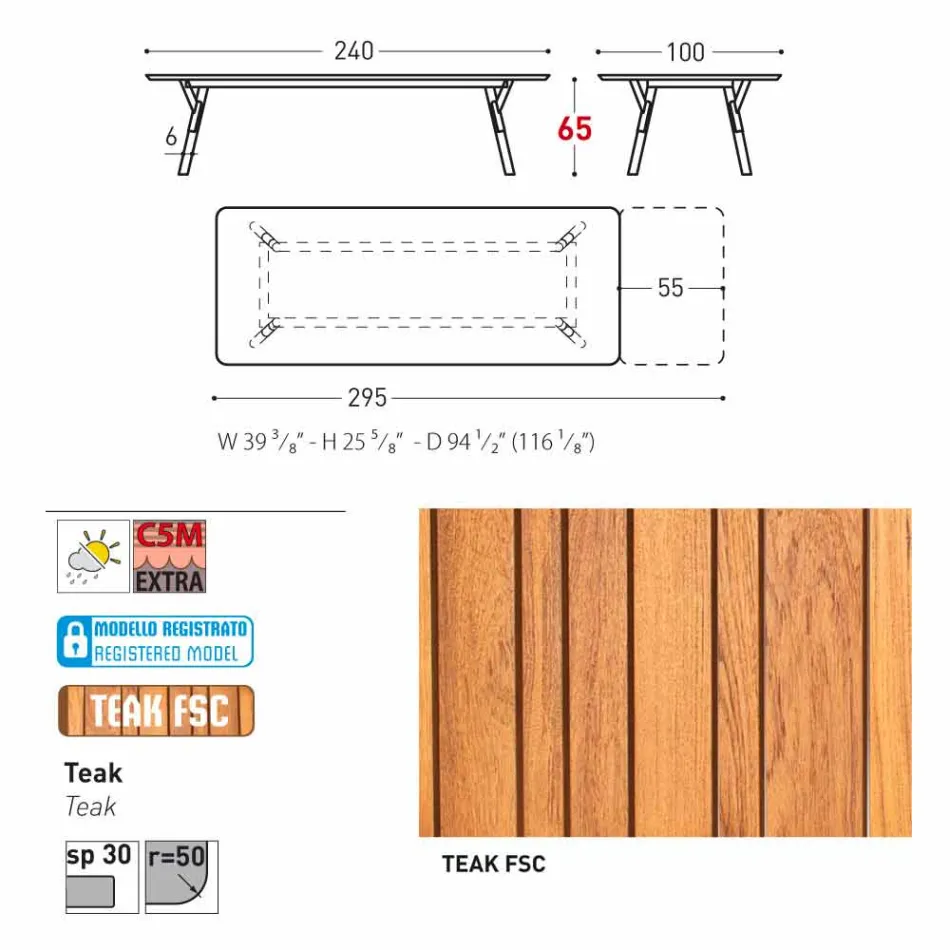 Varaschin Link estendendo mesa de jardim com pernas de teca, H65 cm Viadurini