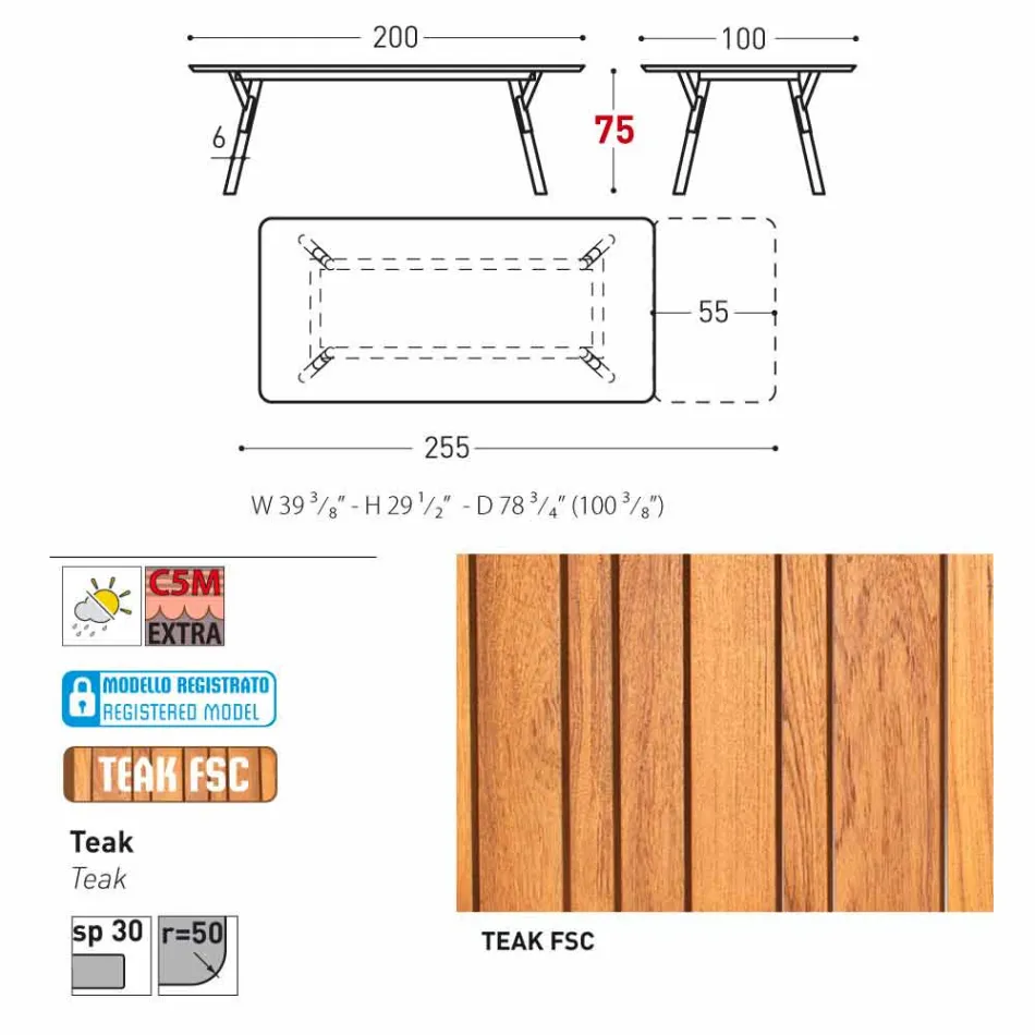 Varaschin Link mesa de jardim extensível com pés de teca, H75 cm Viadurini
