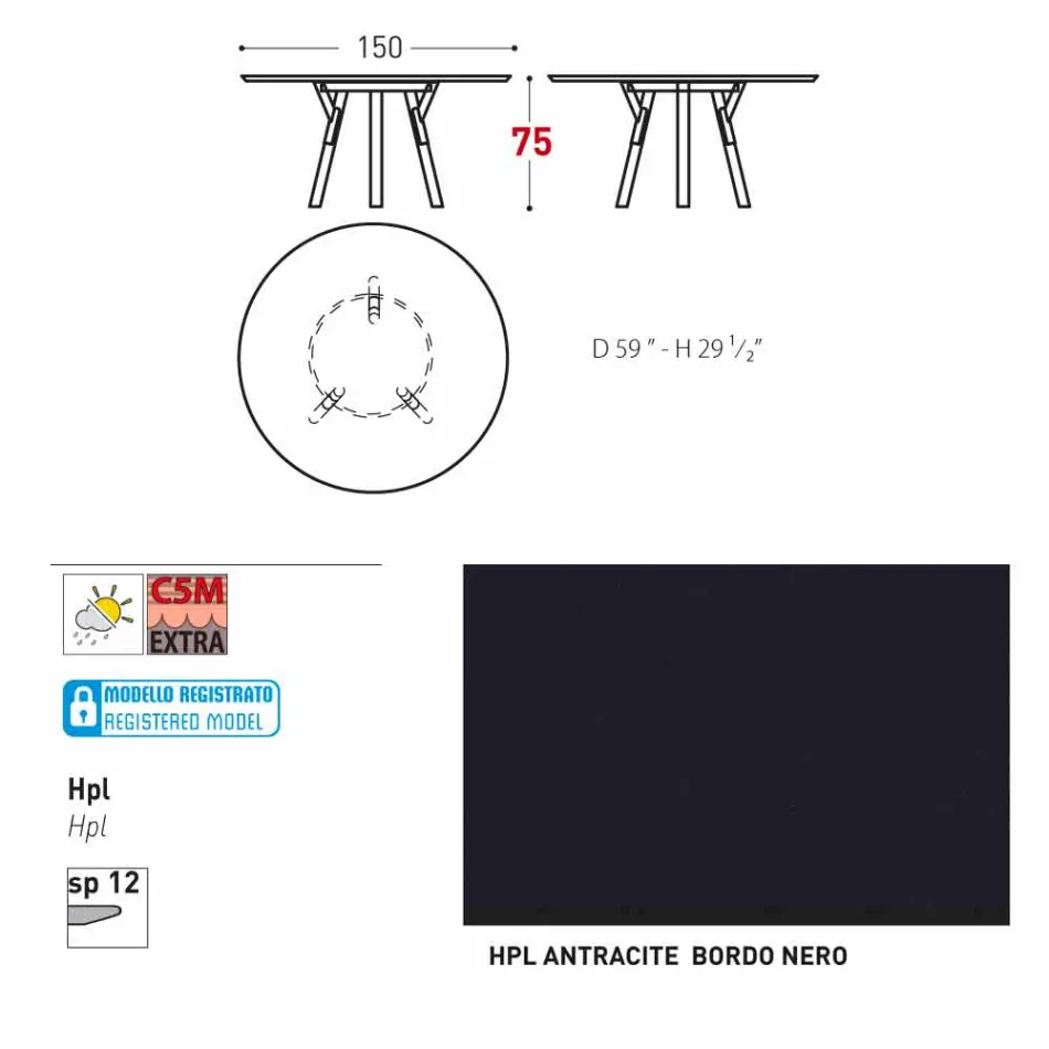 Varaschin Link mesa de jardim redonda com pés de teca, H 75cm Viadurini