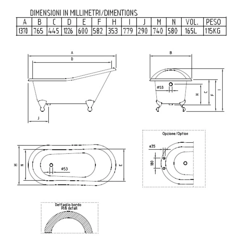 Banheira autônoma vintage em ferro fundido branco fabricado em Itália - Paulina Viadurini