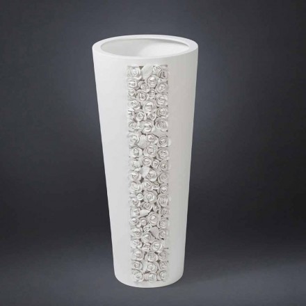 Vaso Alto de Cerâmica Branca com Decoração Feito à Mão na Itália - Calisto Viadurini