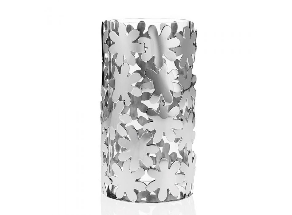 Vaso Cilíndrico em Vidro e Metal Prateado e Decoração Luxuosa com Flores - Terraceo Viadurini