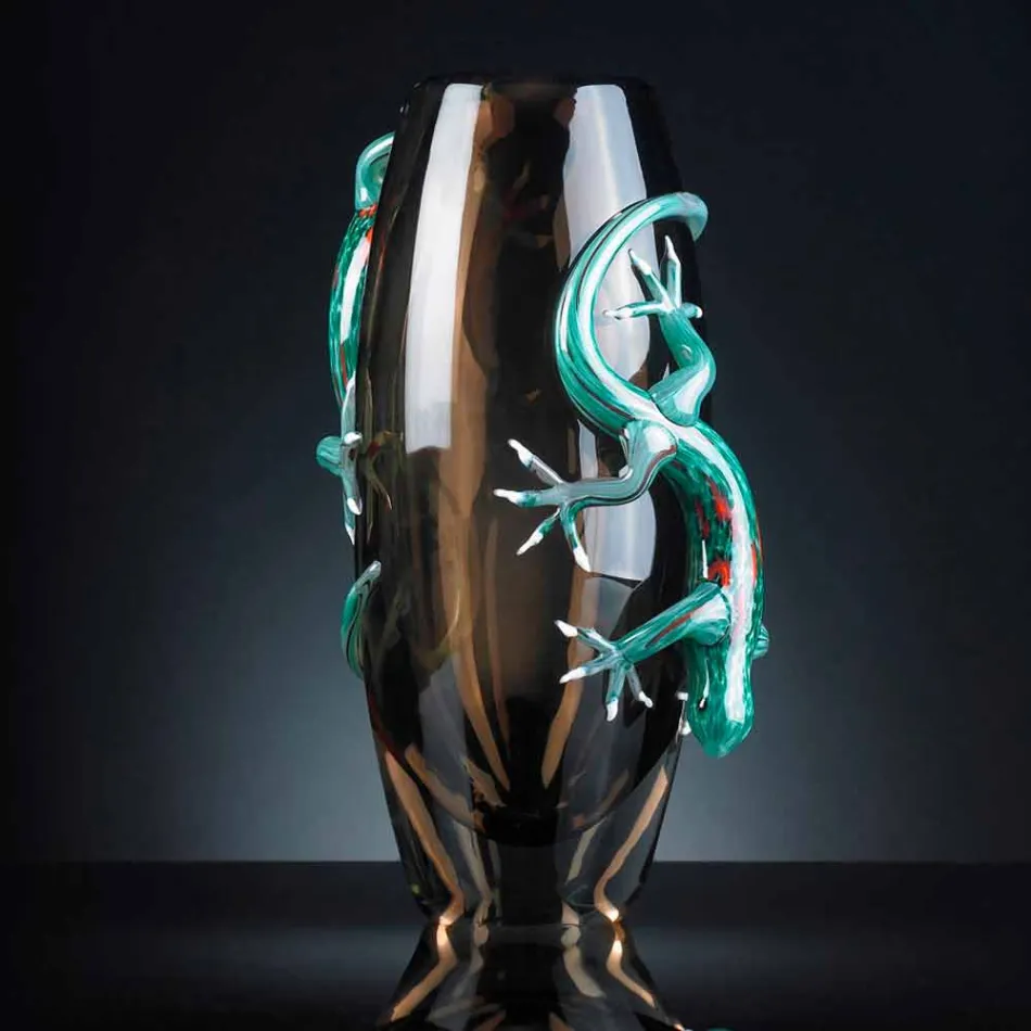 Vaso de vitral com lagartixas feito à mão na Itália - Geco Viadurini