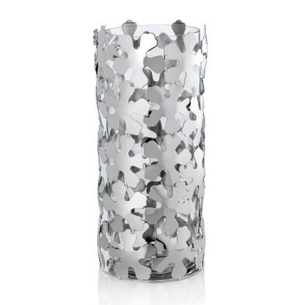 Vaso em metal prateado e vidro elegante design cilíndrico com flores - Megghy Viadurini