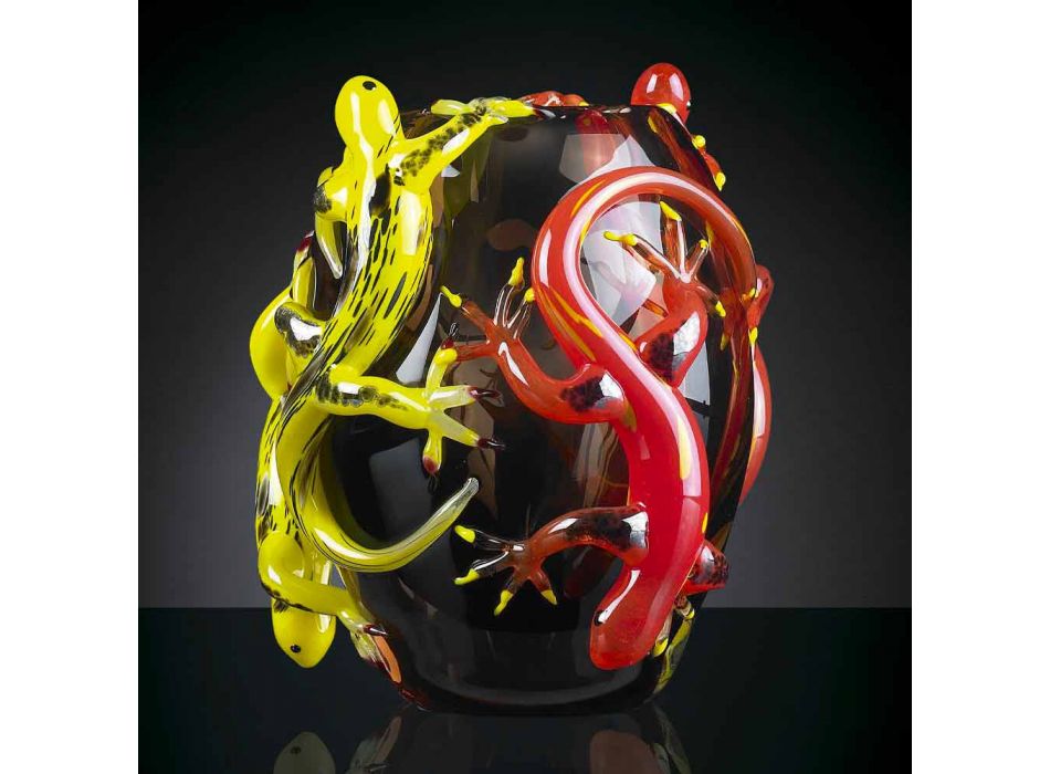 Vaso de vidro colorido com lagartixas artesanais na Itália - Geco Viadurini