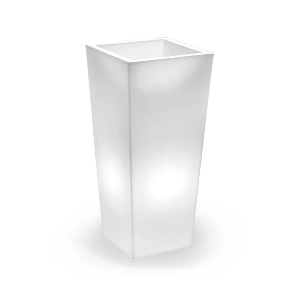 Vaso alto iluminado para interiores em polietileno perolado, fabricado na Itália - Devid Viadurini