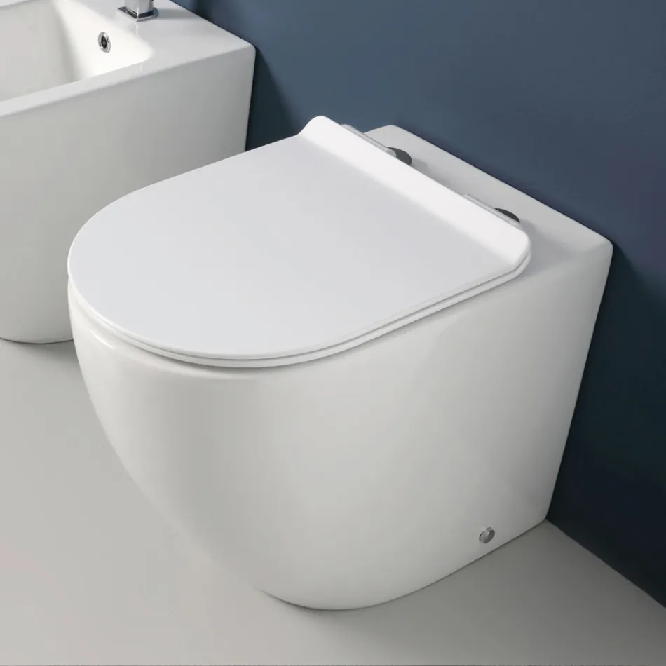 Vaso sanitário Aralia de cerâmica branca, montado no chão, com sistema ciclônico e assento de fechamento suave. Viadurini