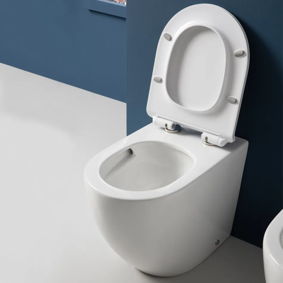 Vaso sanitário Aralia de cerâmica branca, montado no chão, com sistema ciclônico e assento de fechamento suave. Viadurini