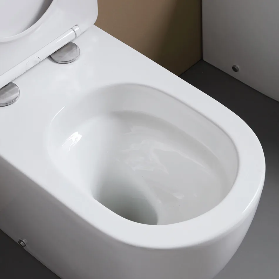 Sanitário de chão com assento de fecho suave em cerâmica branca - Elm Viadurini