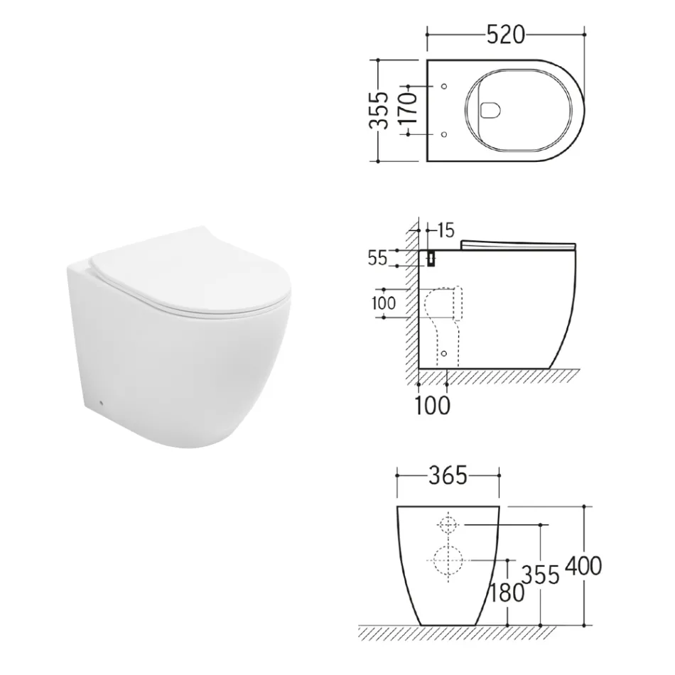 Vaso sanitário de piso Aster em cerâmica branca sem aro com assento de fechamento suave   Viadurini