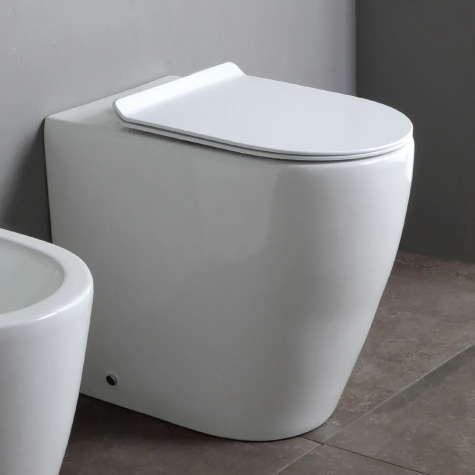 Vaso sanitário sem aro com assento cerâmico termoendurecido de fechamento suave - Oleandro Viadurini