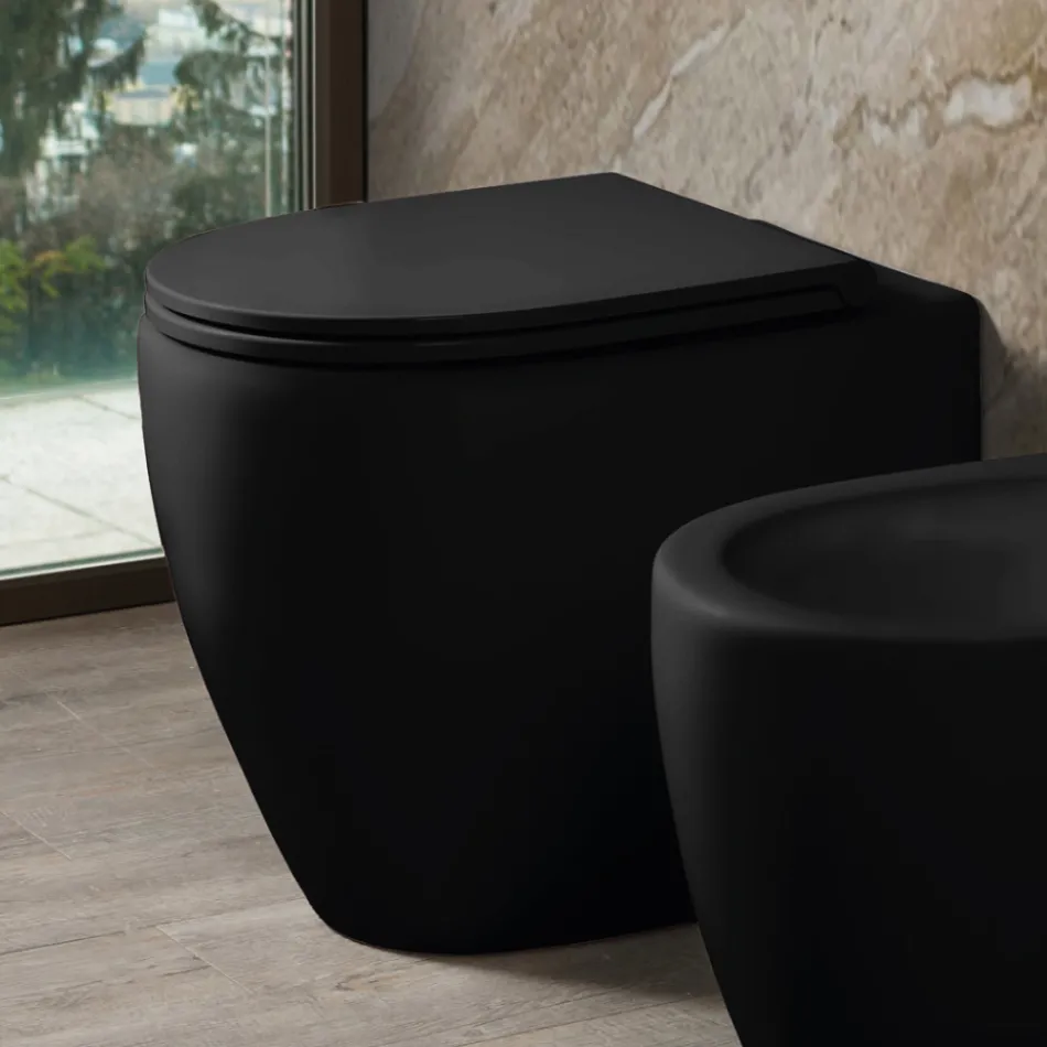 Vaso sanitário Aster bicolor em cerâmica fosca, sem aro, com assento de fechamento suave.   Viadurini