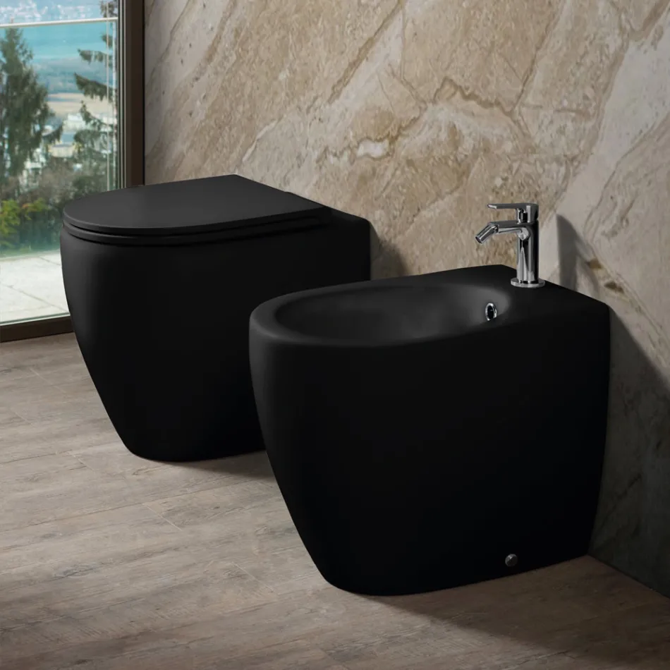 Vaso sanitário Aster bicolor em cerâmica fosca, sem aro, com assento de fechamento suave.   Viadurini