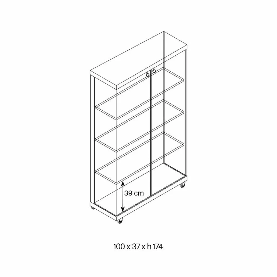 Vitrine de Parede em Vidro e Madeira Branca, Rodas e Prateleiras Iluminadas - Armilla Viadurini