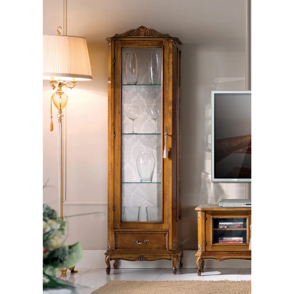 Vitrine de sala clássica em madeira de nogueira 1 porta fabricada na Itália - Ronald Viadurini