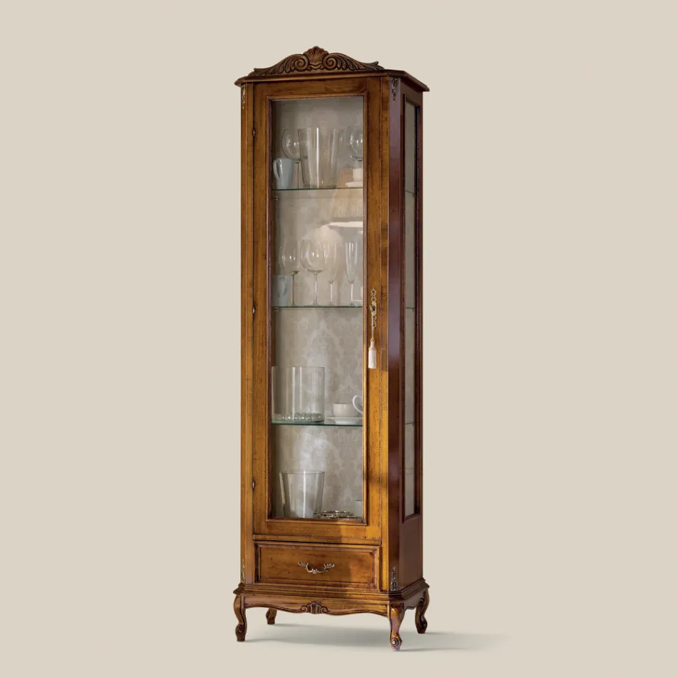 Vitrine de sala clássica em madeira de nogueira 1 porta fabricada na Itália - Ronald Viadurini