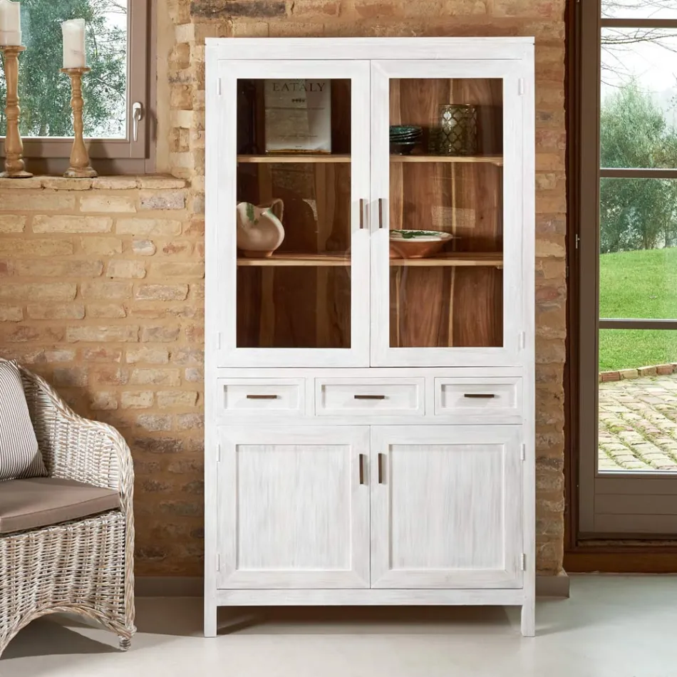 Vitrine Sanda em madeira maciça de teca para sala de estar, com 4 portas e 3 gavetas. Viadurini