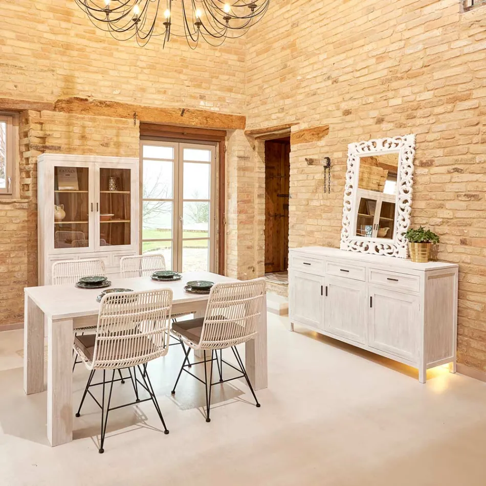 Vitrine Sanda em madeira maciça de teca para sala de estar, com 4 portas e 3 gavetas. Viadurini