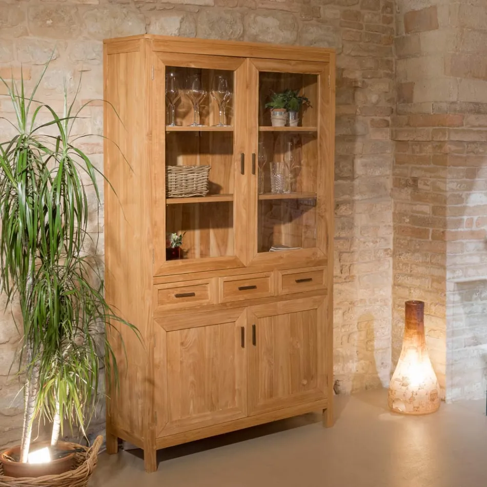 Vitrine Sanda em madeira maciça de teca para sala de estar, com 4 portas e 3 gavetas. Viadurini