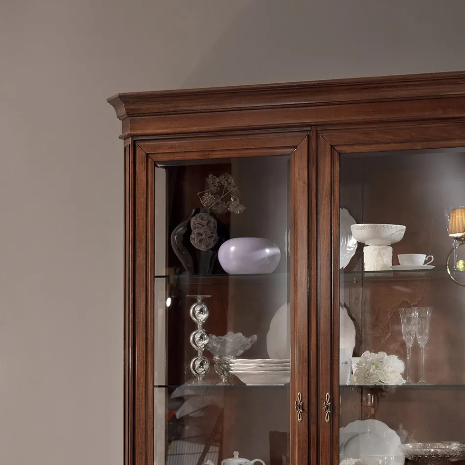 Vitrina de madeira com acabamento em nogueira patinada com decoração de lírios Made in Italy - Mulher Viadurini