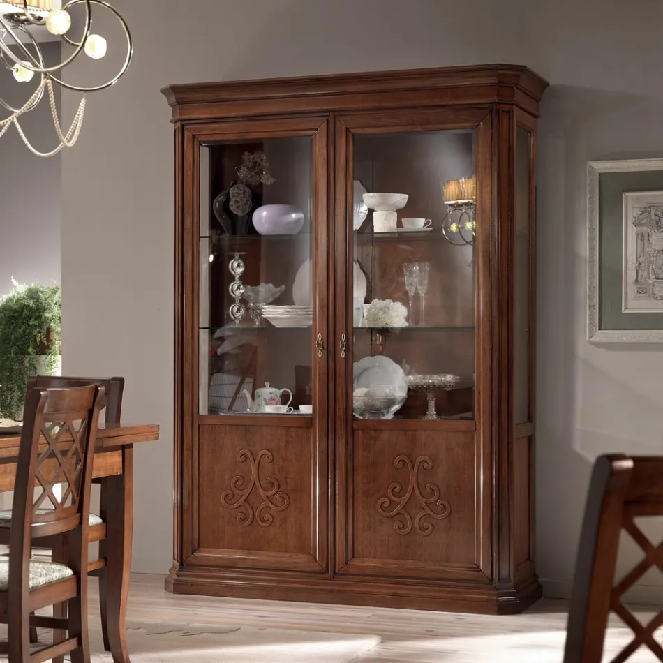 Vitrina de madeira com acabamento em nogueira patinada com decoração de lírios Made in Italy - Mulher Viadurini